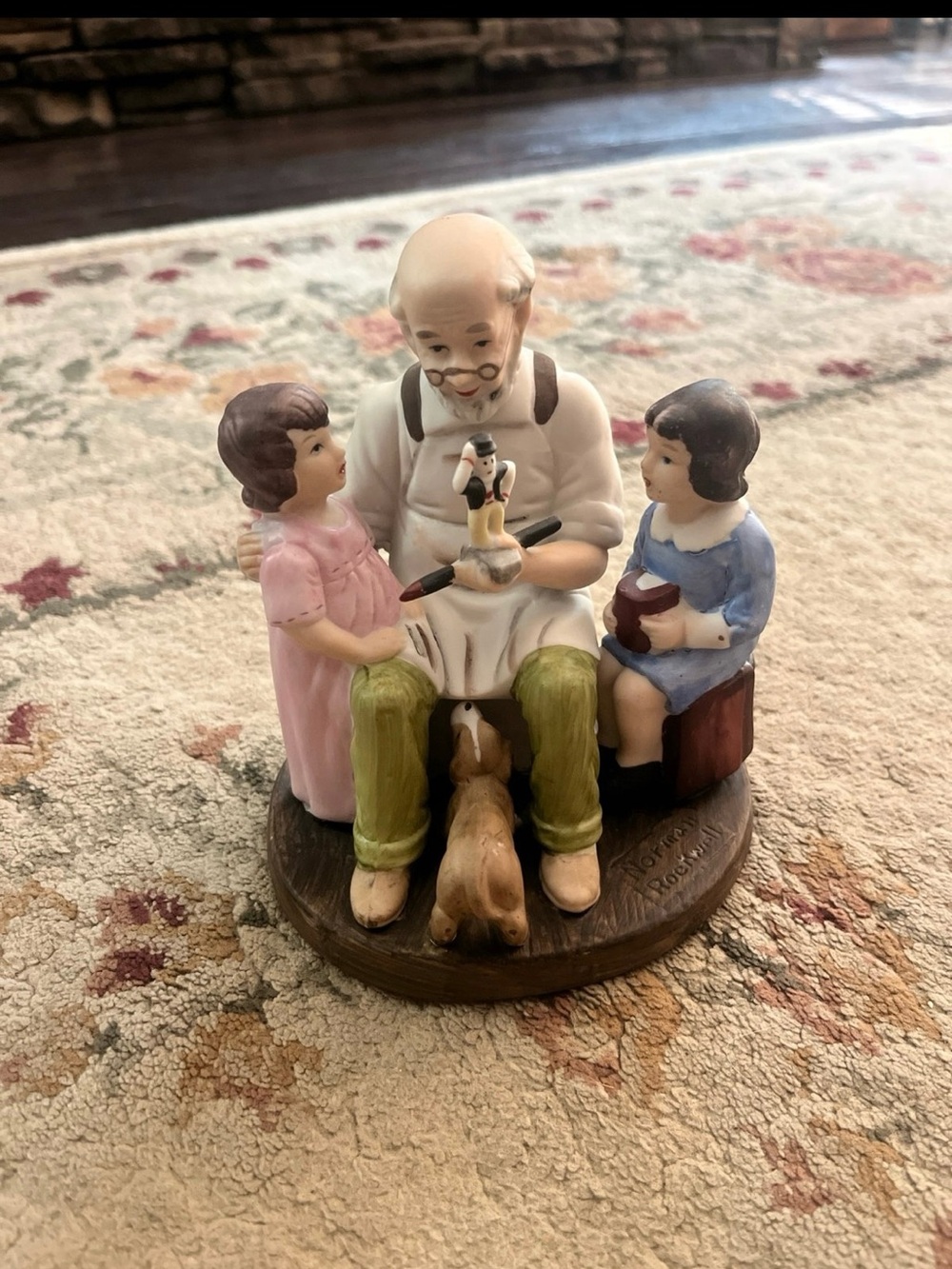 Norman Rockwell Grandfather with Children Figurine - Pink, Blue, Green, Brown